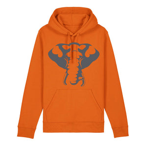 Dark grey elephant design on the front of a bright orange hoodie against a white background