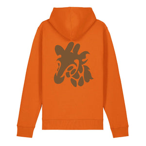 Dark brown giraffe design on the back of a bright orange hoodie against a white background