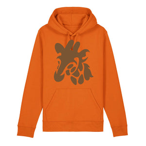 Dark brown giraffe design on the front of a bright orange hoodie against a white background