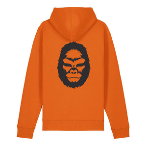 Back view of a bright orange hoodie with a minimalist black gorilla illustration on a white background