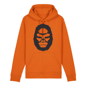 Front view of a bright orange hoodie with a minimalist black gorilla illustration on a white background