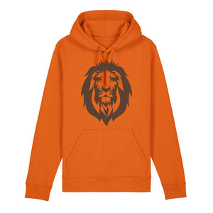 Dark brown lion design on the front of a bright orange hoodie against a white background