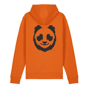 Black panda design on the back of a bright orange hoodie against a white background