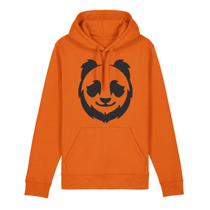 Black panda design on the front of a bright orange hoodie against a white background