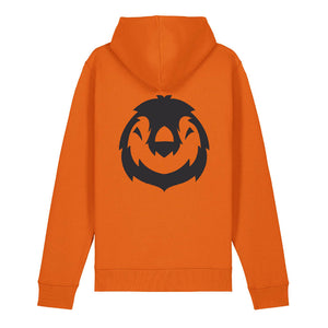 Black penguin design on the back of a bright orange hoodie against a white background
