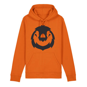 Black penguin design on the front of a bright orange hoodie against a white background