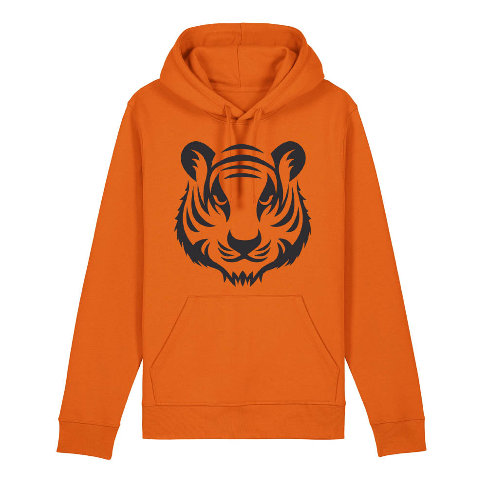 Black tiger design on the front of a bright orange hoodie against a white background