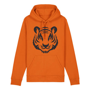 Black tiger design on the front of a bright orange hoodie against a white background