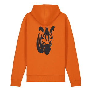 Black zebra design on the back of a bright orange hoodie against a white background