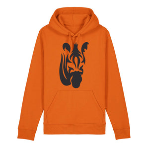 Black zebra design on the front of a bright orange hoodie against a white background