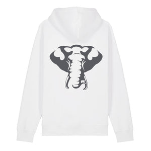 Dark grey elephant design on the back of a white hoodie against a white background