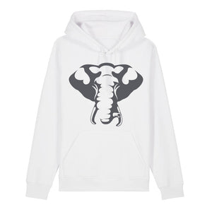 Dark grey elephant design on the front of a white hoodie against a white background
