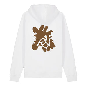 Dark brown giraffe design on the back of a white hoodie against a white background