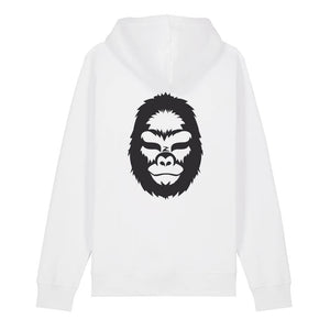 Back view of a white hoodie with a minimalist black gorilla illustration on a white background