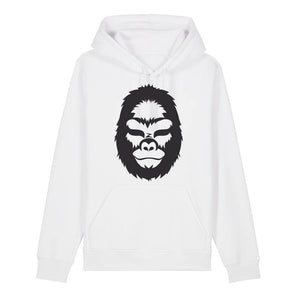 Front view of a white hoodie with a minimalist black gorilla illustration on a white background