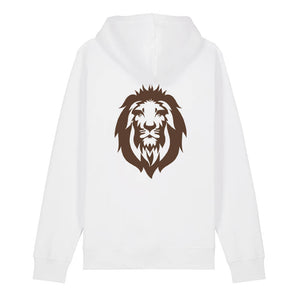 Dark brown lion design on the back of a white hoodie against a white background