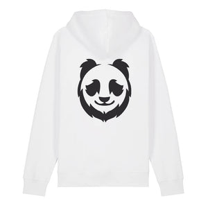 Black panda design on the back of a white hoodie against a white background