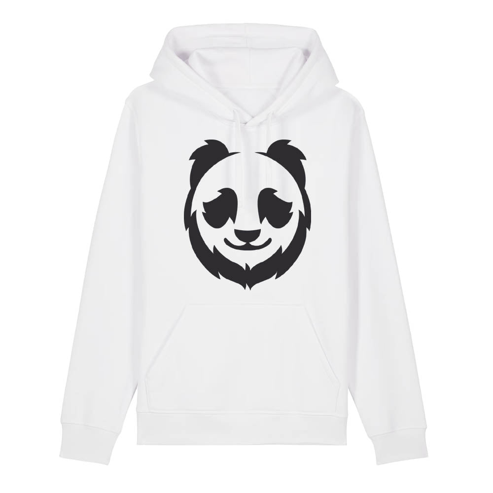 Black panda design on the front of a white hoodie against a white background