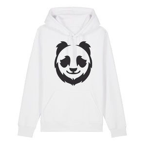 Black panda design on the front of a white hoodie against a white background