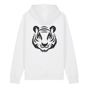 Black tiger design on the back of a white hoodie against a white background