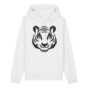 Black tiger design on the front of a white hoodie against a white background
