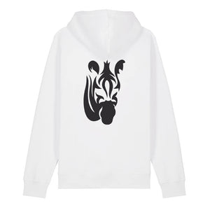 Black zebra design on the back of a white hoodie against a white background