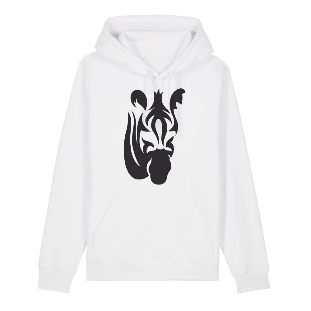 Black zebra design on the back of a front hoodie against a white background
