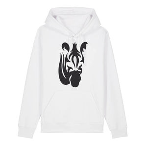 Black zebra design on the back of a front hoodie against a white background
