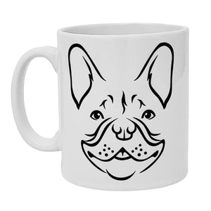 Black Minimalist illustration of a French Bulldog printed on a white mug on a white background