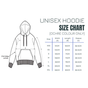 Hoodie size chart for the ochre coloured hoodies XX-Small to XX-Large