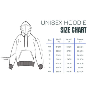 Size chart of the unisex hoodies from XX-Small to XX-Large