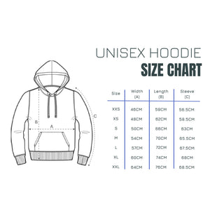 Hoodie size chart for the bright orange, heather grey, natural raw and white hoodies. XX-Small to XX-Large
