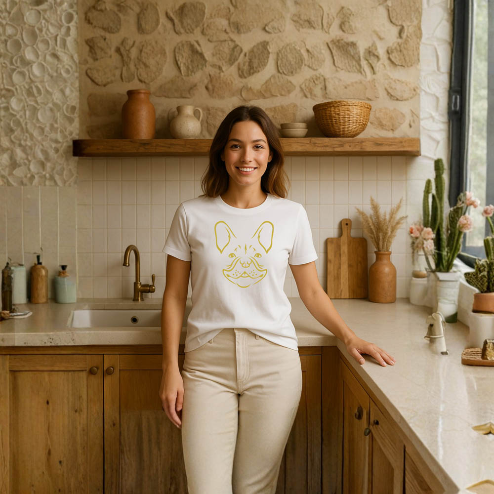 Lady standing in a natural surface inspired kitchen with a white t-shirt adorned with a gold French Bulldog illustration