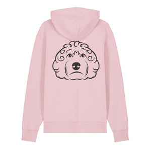 Black outline illustration of the head of a Cockapoo on the back of a cotton pink unisex Hoodie