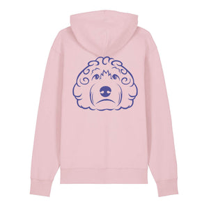 Blue outline illustration of the head of a Cockapoo on the back of a cotton pink unisex Hoodie