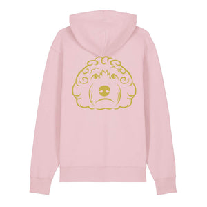 Gold outline illustration of the head of a Cockapoo on the back of a cotton pink unisex Hoodie