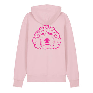 Magenta outline illustration of the head of a Cockapoo on the back of a cotton pink unisex Hoodie