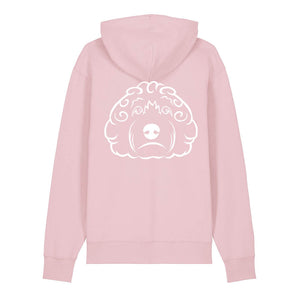 White outline illustration of the head of a Cockapoo on the back of a cotton pink unisex Hoodie