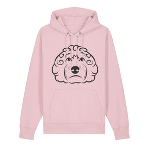 Black outline illustration of the head of a Cockapoo on the front of a cotton pink unisex Hoodie