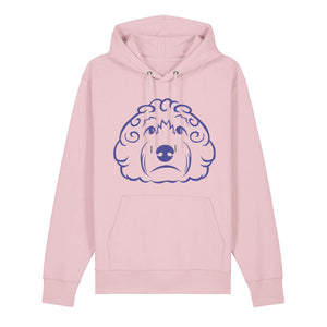 Blue outline illustration of the head of a Cockapoo on the front of a cotton pink unisex Hoodie