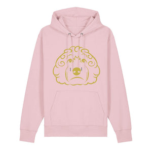 Gold outline illustration of the head of a Cockapoo on the front of a cotton pink unisex Hoodie