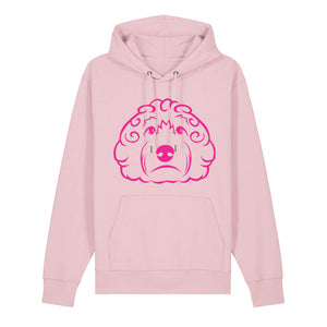 Magenta outline illustration of the head of a Cockapoo on the front of a cotton pink unisex Hoodie