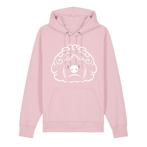 White outline illustration of the head of a Cockapoo on the front of a cotton pink unisex Hoodie