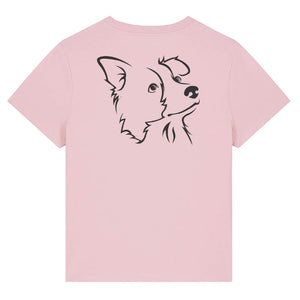 Black outline illustration of the head of a Border Collie on the back of a cotton pink ladies t-shirt