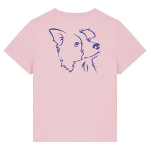 Blue outline illustration of the head of a Border Collie on the back of a cotton pink ladies t-shirt