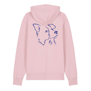 Blue outline illustration of the head of a Border Collie on the back of a cotton pink unisex Hoodie