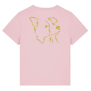 Gold outline illustration of the head of a Border Collie on the back of a cotton pink ladies t-shirt