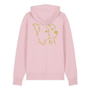Gold outline illustration of the head of a Border Collie on the back of a cotton pink unisex Hoodie