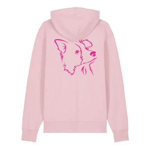 Magenta outline illustration of the head of a Border Collie on the back of a cotton pink unisex Hoodie