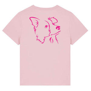 Magenta outline illustration of the head of a Border Collie on the back of a cotton pink ladies t-shirt